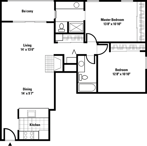 Floor plan for 2 beds, 2 baths, 1060 sqft